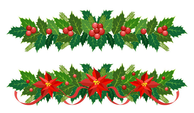 Christmas garland set. Vector border, decoration for holiday cards, invitations, banners. Holly leaves, berries, poinsettia on white background. Christmas star plant and ribbon. Winter holiday display