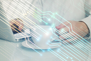 Double exposure of tech drawings with hands working on computer background. Concept of innovation.