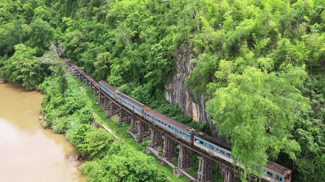 Aerial View Death Railway bridge over the Kwai Noi River at Krasae cave in Kanchanaburi province Thailand