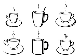 Obraz premium Vector set of various, abstract, outline coffee and tea cups in black color, isolated, on white background.