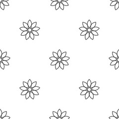 Seamless sun flower pattern. Black outline flat flowers on white background.