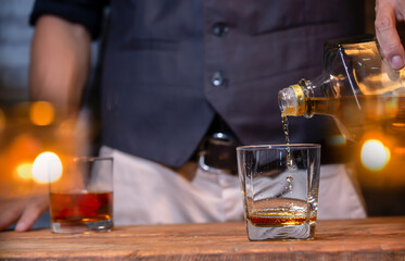 Bartender Serve Whiskey, on wood bar,