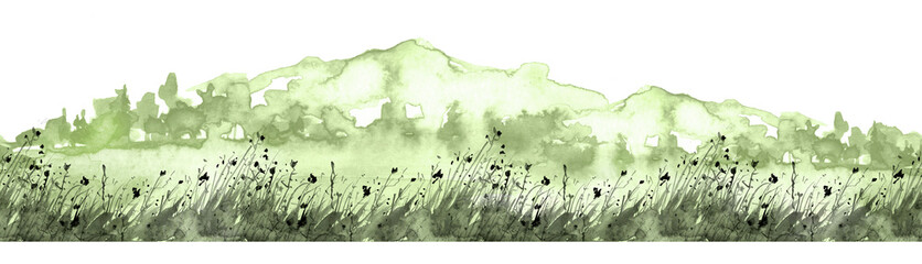 Obraz premium Seamless linear background. blue silhouette of mountains on an isolated white background. The drawing is made in green paint, watercolor, ink. In the style of Chinese painting. Abstract splash