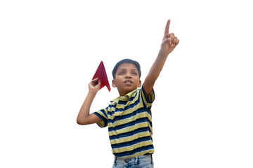 Boy playing with a paper plane and smiling	