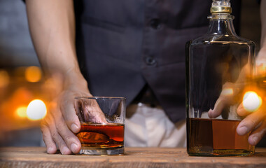 Bartender Serve Whiskey, on wood bar,