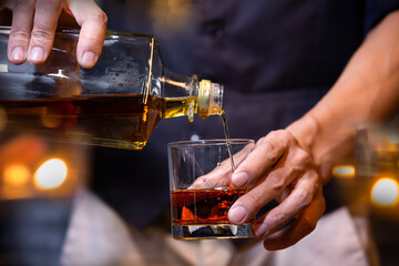 Bartender Serve Whiskey, on wood bar,
