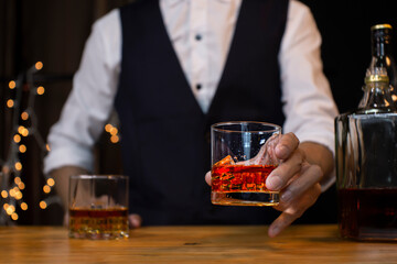 Bartender Serve Whiskey, on wood bar,