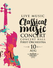 Poster of a classical music concert. Vector banner, flyer, invitation, ticket or advertising banner with abstract violin in the form of bright spots of paint © paseven