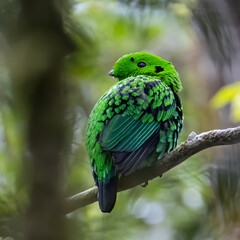 Nature wildlife image of Beautiful bird green broadbill perching on a branch. Whitehead's Broadbill bird endemic of Borneo