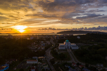 Aerial image of beautiful Kota Kinabalu City during twilight sunset on Sabah, Malaysia