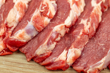 Fresh raw beef steak on a wooden background close-up.