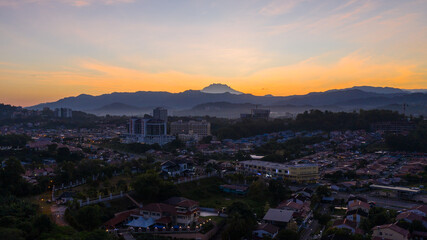Aerial drone image of morning sunrise view in Kota Kinabalu City, Sabah, Malaysia