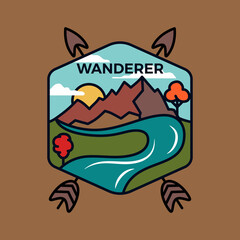 Vintage wanderer logo emblem template, adventure badge design with mountains, arrows and river. Unusual line art retro style sticker. Stock vector