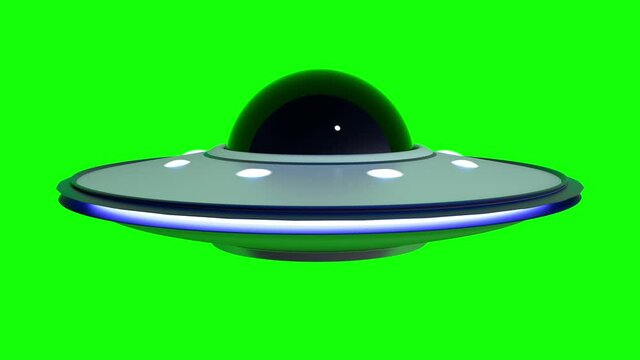 UFO Flying Saucer spaceship on green screen chroma key isolated - Loop video animation with Alien aircraft in Ultra HD 4K 16:9 format
