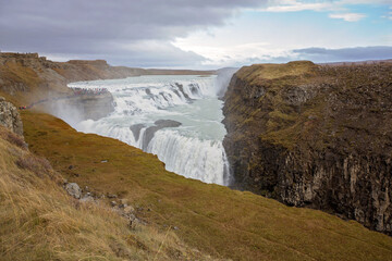 Landscape with big majestic Gullfoss waterfall in mountains in Iceland