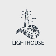 abstract lighthouse line icon with ocean waves and seagulls isolated on white background