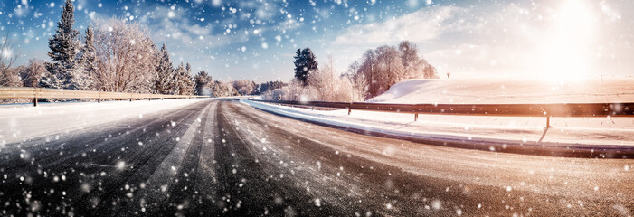 winter road, covered with snow on sunny day