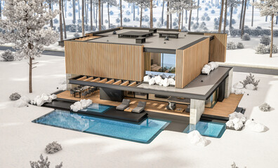 Obraz na płótnie Canvas 3d rendering of modern cozy house with parking and pool for sale or rent with wood plank facade and beautiful landscaping on background. Cool winter day with shiny white snow.