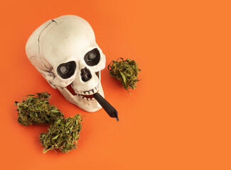 Cannabis halloween concept. Skull and leaves on orange background.