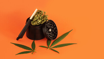 Black cannabis cone with grinder and marijuana leaves on orange background. Halloween and autumn season.