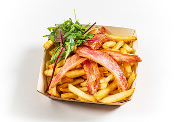 french fries with bacon and salad