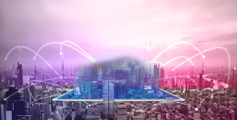 Digital technology modern city network connect in cyber punk theme color concept
