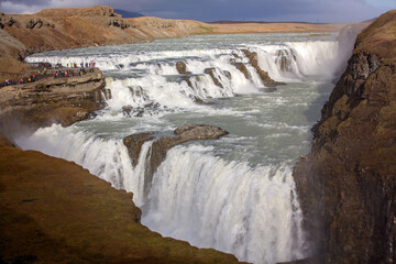 Landscape with big majestic Gullfoss waterfall in mountains in Iceland