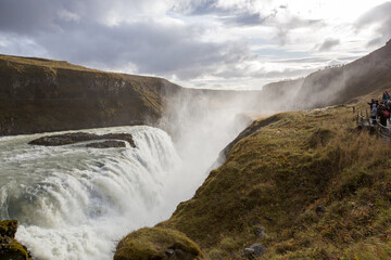 Landscape with big majestic Gullfoss waterfall in mountains in Iceland