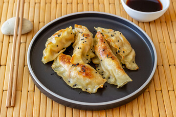 Fried dumplings with soy sauce. Gyoza. Healthy eating. Vegetarian food.
