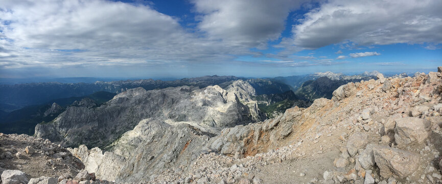 Triglav Summit Panorama View On Surrounding Mountain Range Of Triglav National Park In Slovenia