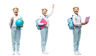 Obraz premium Collage of schoolgirl holding globe, backpack and laptop on white background