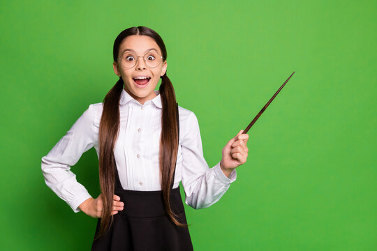 Photo of cute charming little lady in front of blackboard hold pointer excited open mouth replace teacher empty space lesson wear white shirt glasses isolated green color background