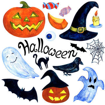 Halloween images set - pumpkin, magic hat, black cat, a ghost, a candle, a crow, spider web. Watercolor isolated elements on white background.