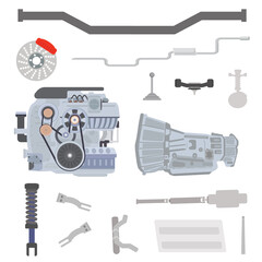 Set of car chassis parts with internal combustion engine and transmission systems parts. Flat illustration isolated on white background.