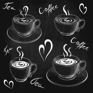 chalk drawn cups of coffee or tea with saucer and lettering isolated on chalkboard. coffee love sketch on black board. vector illustration of coffee, tea mugs. hot drinks doodle. for cafe menu design.
