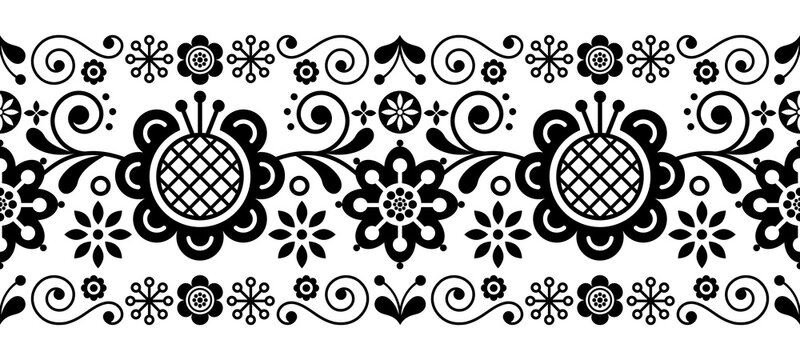Scandinavian folk art retro vector long pattern, floral ornament in black and white - seamless stripe stripe
