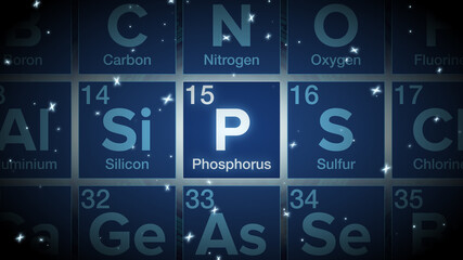 Close up of the Phosphorus symbol in the periodic table, tech space environment.