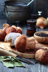 Porcini mushrooms on kitchen table
