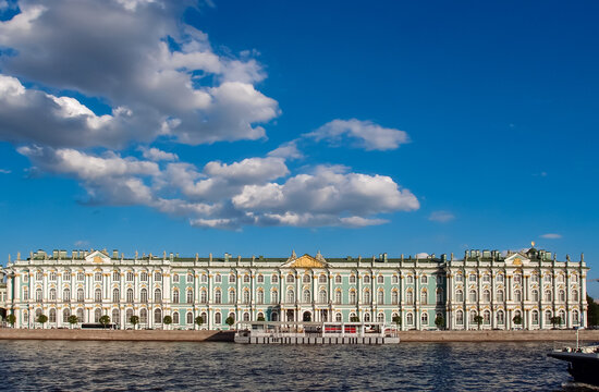 Hermitage Museum and blue sky with clouds viewing from a sightseeing cruise, St Petersburg, Russia. June 14, 2018.