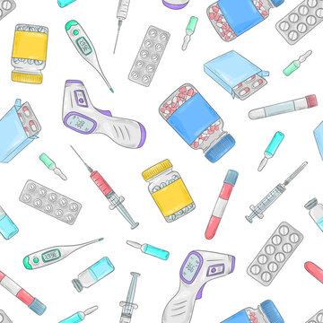 Covid-19 doodle pattern. Coronavirus protection and treatment. Medical equipment background. Thermometer, pills and drugs, suringe, blood test.
