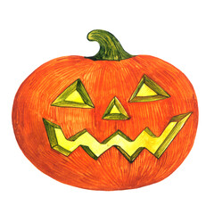 Halloween pumpkin - decoration for halloween party (Jack  O'Lantern). Watercolor isolated element on white background.
