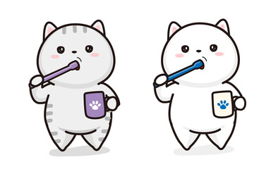歯を磨く猫達　縞猫と白猫のセット