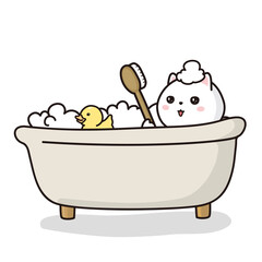 アヒルとお風呂に入る白猫