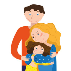 Mom dad and daughter hugging each other on a white background
