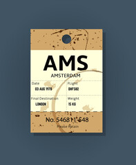 Old vintage luggage tag. Baggage checks or ticket for passenger flight. Baggage ticket for passengers at airport. Detail grunge passport for stamps, tag registered. Amsterdam, Europe country label