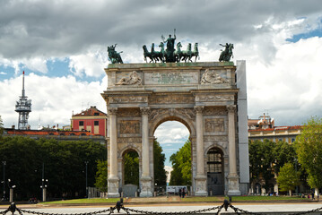 Fototapeta na wymiar City gate of Milan in Italy called Simplon Gate landmark triumphal arch