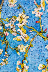 Canvas texture and brush strokes. Details Blooming almond tree. oil painting on canvas