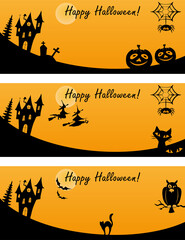 Set of horizontal funny Halloween banners / backgrounds / cards. Spooky houses, bats, witches, moon, trees, cats. Vector illustration, black and yellow.