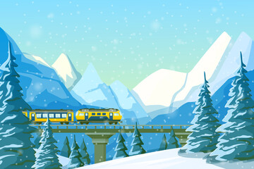 High-speed train traveling by rail, on a bridge, among mountains, snow-covered hills, winter forest pines and hills. Winter fir trees in snow among snow-capped mountains landscape illustration