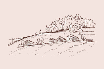 Rural landscape with sunrise. Italy, Europe. Santa Maddalena. Val di Funes valley. Sketch vector illustration with a church, village houses on the hill.